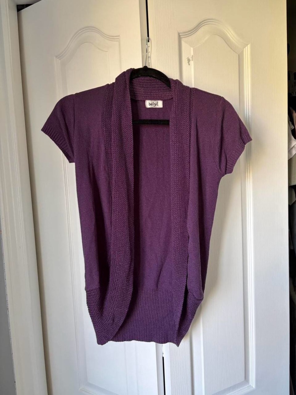 Beryl Purple Short-Sleeve Open Front Cardigan Sweater